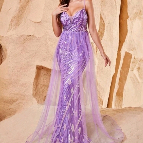 Purple Party Geometric Backless Contrast Sequined Cami Mermaid Maxi